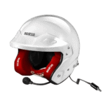 White racing helmet with red interior padding and microphone, designed for motorsport safety and communication, from Grand Prix Racewear.