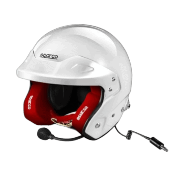 White racing helmet with red interior padding and microphone, designed for motorsport safety and communication, from Grand Prix Racewear.