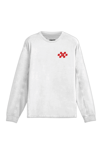 White Grand Prix Racewear sweatshirt with red checkered logo on chest, ideal for motorsport enthusiasts and racers.