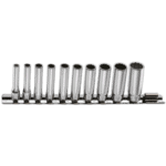 Set of 1/4 inch drive long-reach 12-point sockets for automotive and mechanical use, displayed on a metal rail.