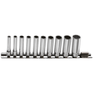 Set of 1/4 inch drive long-reach 12-point sockets for automotive and mechanical use, displayed on a metal rail.