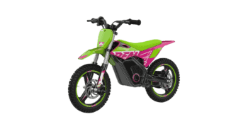 Electric dirt bike with neon green and pink colour scheme, suitable for young riders, featuring durable tyres and a lightweight frame for off-road racing.