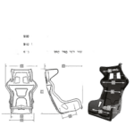 Technical diagram of Grand Prix Racewear racing seat with labelled components and mounting details.