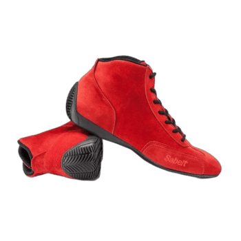 Red Sabelt racing shoes designed for motorsport safety and performance, featuring high ankle support and durable materials.