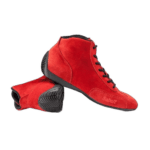 Red Grand Prix racing shoes with black soles and laces, designed for professional motorsport drivers.