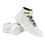 White Sabelt racing shoes with black laces and yellow Sabelt logo, designed for motorsport safety and performance.