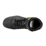 Close-up of a black Grand Prix Racewear racing shoe with laces and branding on a black background.