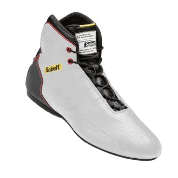 Sabelt racing shoe with white, black, and red design, featuring laces and branding for motorsport safety gear.