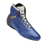 Sabelt racing shoe in blue with black and yellow accents, designed for Grand Prix racewear, featuring high grip sole and ankle support.
