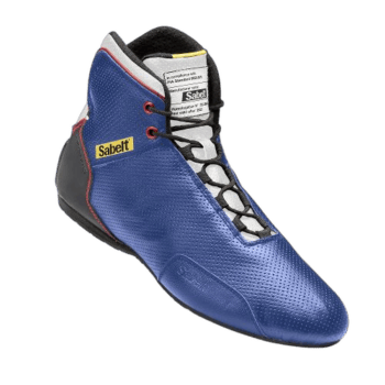 Sabelt racing shoe in blue with black and yellow accents, designed for Grand Prix racewear, featuring high grip sole and ankle support.