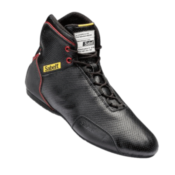 Sabelt racing shoe in black with red accents, designed for motorsport safety and performance, featuring durable materials and a comfortable fit.