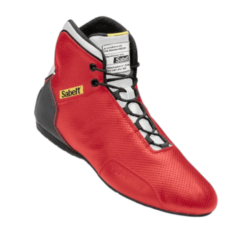 Red Sabelt racing shoe with black and white laces, designed for motorsport safety and performance.
