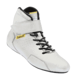 High-quality white racing shoe with black laces and Velcro strap, designed for motorsport safety and performance, featuring Sabelt branding.