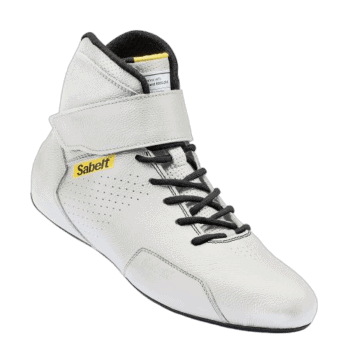 High-quality white racing shoe with black laces and Velcro strap, designed for motorsport safety and performance, featuring Sabelt branding.