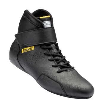 Black Sabelt racing shoe with Velcro strap and yellow logo, designed for motorsport safety and performance.