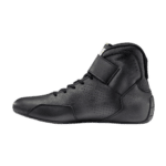 Black Grand Prix racing shoe with high ankle support and Velcro strap, designed for motorsport safety and performance.