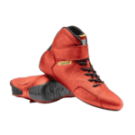 Red Grand Prix racing shoes with black soles and laces, designed for professional motorsport performance.