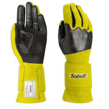 High-visibility Sabelt racing gloves with black and yellow design, ideal for motorsport safety and grip.
