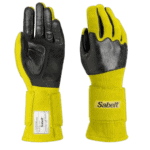 High-visibility yellow and black Sabelt racing gloves designed for motorsport safety and grip.