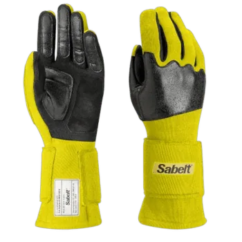 High-visibility yellow and black Sabelt racing gloves designed for motorsport safety and grip.