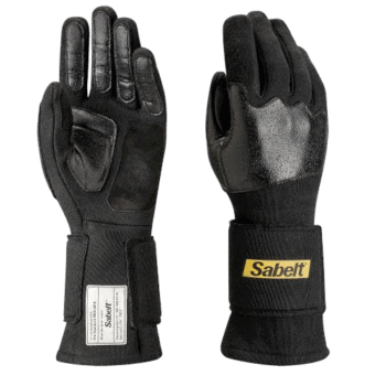 Black Sabelt racing gloves designed for motorsport safety and performance, featuring reinforced palms and flexible finger protection.