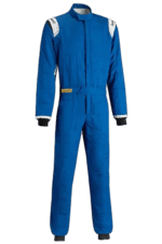 Blue Grand Prix racing suit with Sabot logo, designed for motorsport safety and performance.