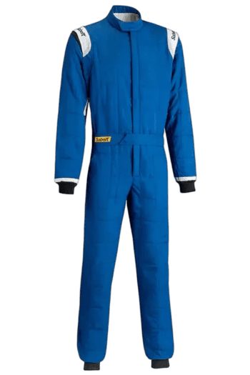 Blue Grand Prix racing suit with Sabot logo, designed for motorsport safety and performance.