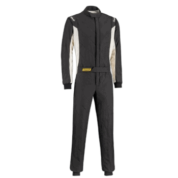 Black and white Grand Prix racing suit with sponsor logos, designed for professional motorsport drivers.