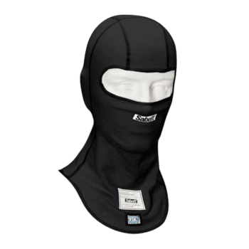 Black Sabel racing balaclava with eye and mouth openings, designed for motorsport safety and comfort.