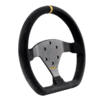Sabat racing steering wheel designed for motorsport, featuring a black grip and a metal centre with multiple mounting holes.