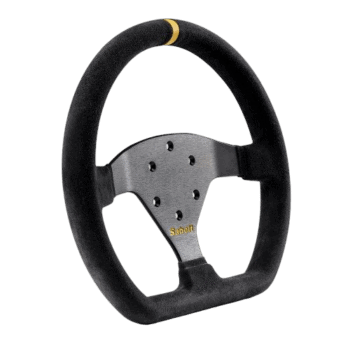 Sabat racing steering wheel designed for motorsport, featuring a black grip and a metal centre with multiple mounting holes.