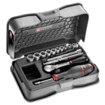 Facom 15-piece 1/4 metric 6-point socket set in a black case with ratchet and screwdriver for automotive repair.