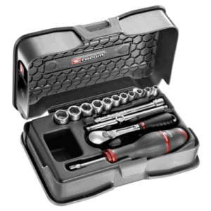 Facom 15-piece 1/4 metric 6-point socket set in a black case with ratchet and screwdriver for automotive repair.