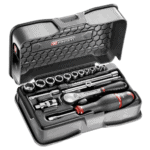 Facom 17-piece 1/4 inch 6-point socket set in a black case with ratchet and accessories for automotive and mechanical work.