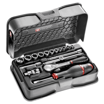 Facom 17-piece 1/4 inch 6-point socket set in a black case with ratchet and accessories for automotive and mechanical work.