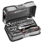 Facom 19-piece 1/4 inch metric 6-point socket set in a black case with ratchet and accessories.