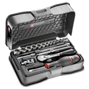 Facom 19-piece 1/4 inch metric 6-point socket set in a black case with ratchet and accessories.