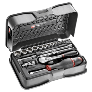 Facom 19-piece 1/4 inch metric 6-point socket set in a black case with ratchet and accessories.