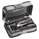 Facom 31-piece 1/4 metric 6-point socket and bit set in a black case with ratchet and screwdriver.