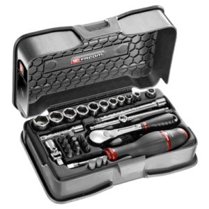 Facom 31-piece 1/4 metric 6-point socket and bit set in a black case with ratchet and screwdriver.