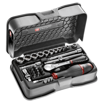 Facom 31-piece 1/4 metric 6-point socket and bit set in a black case with ratchet and screwdriver.