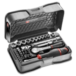 Facom 37-piece 1/4 metric 6-point socket and bit set in a black plastic case with red accents.