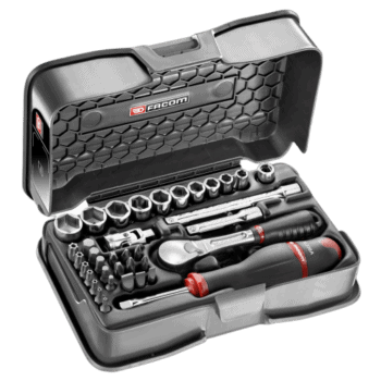 Facom 37-piece 1/4 metric 6-point socket and bit set in a black plastic case with red accents.