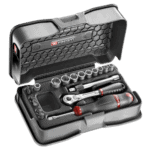 Facom 21-piece 1/4 metric 6-point socket and bit set in a black case with ratchet and accessories.