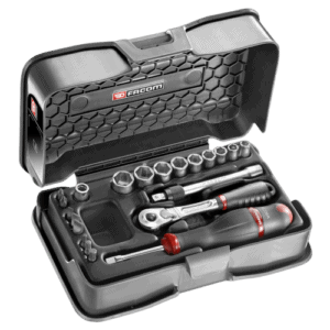 Facom 21-piece 1/4 metric 6-point socket and bit set in a black case with ratchet and accessories.
