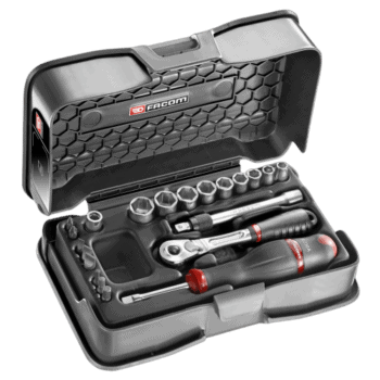 Facom 21-piece 1/4 metric 6-point socket and bit set in a black case with ratchet and accessories.