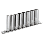 Set of Facom 1/4 long-reach metric 6-point sockets on rack RL.40E for automotive and mechanical work.