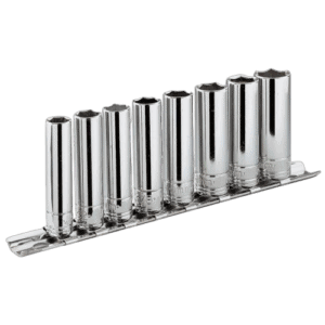 Set of Facom 1/4 long-reach metric 6-point sockets on rack RL.40E for automotive and mechanical work.