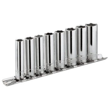 Set of Facom 1/4 long-reach metric 6-point sockets on rack RL.40E for automotive and mechanical work.
