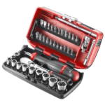 Grand Prix Racewear featuring a Facom R.NANO-U1 1/4 inch nano sockets set with various socket sizes and a ratchet handle in a red and black case.